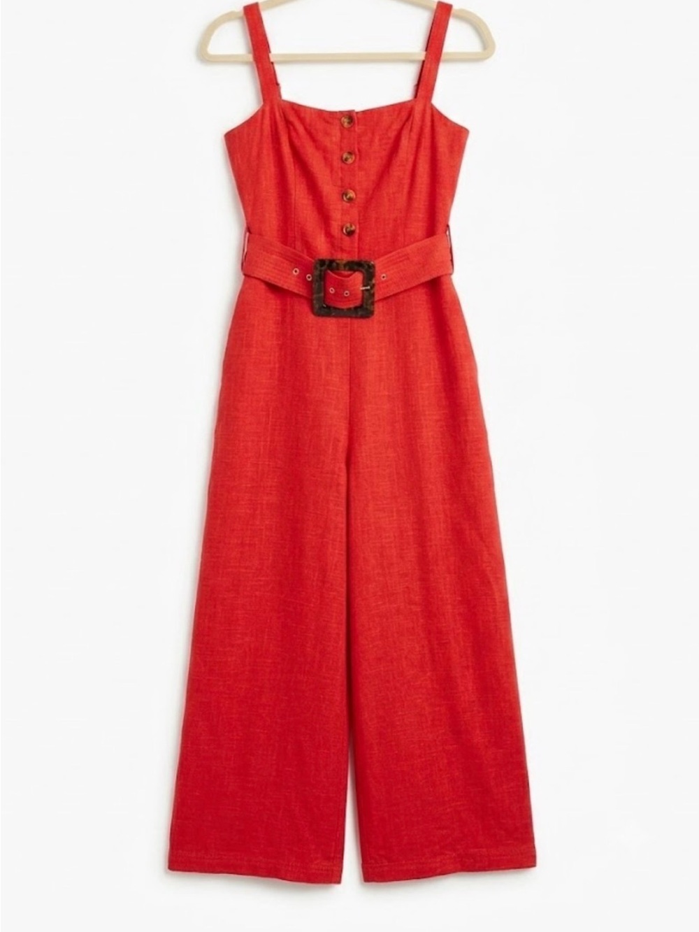 STAUD Bay Red Linen Blend Wide Leg Crop Belted Sleeveless Jumpsuit Size 0